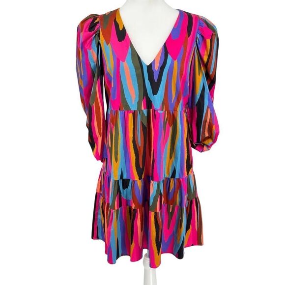 Crosby Bissy Dress | “Funky Town” | Sz S | Tiered Puff-Sleeve V-Neck Mini NWT - Picture 1 of 15